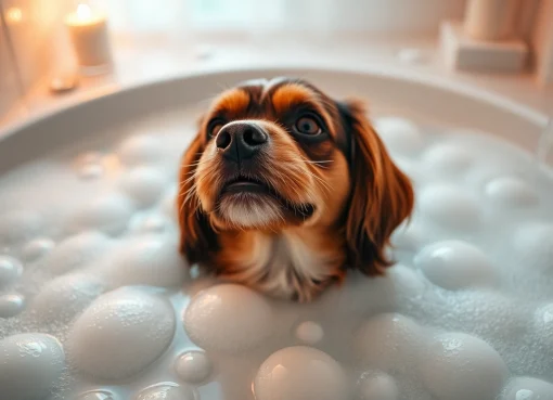 Pamper your pet with a luxurious bath, highlighting a happy dog surrounded by bubbles in a serene setting.