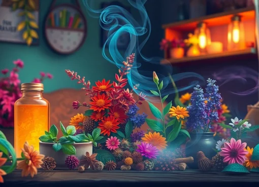 Explore the vibrant alternative smoking blend featuring colorful herbs and flowers crafted in an inviting atmosphere.