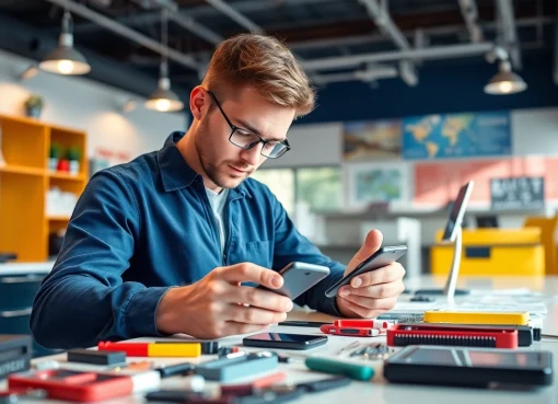 Torino riparazione cellulari: Tecnico esperto ripara uno smartphone in un ambiente moderno e luminoso.