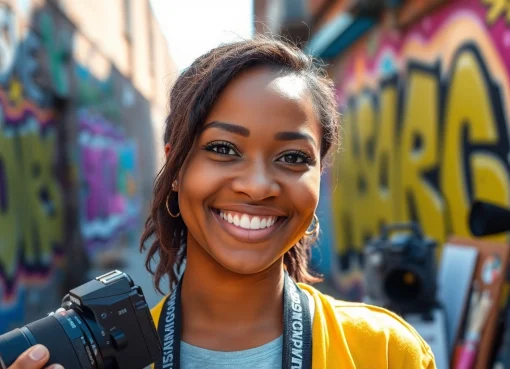 Showcase Crushonia's vibrant personality in a creative urban environment with artistic props.