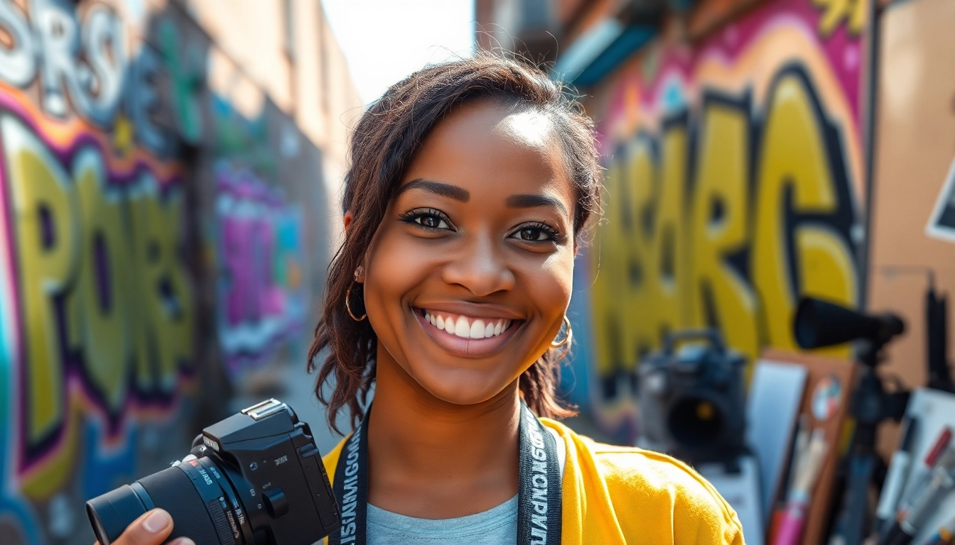 Showcase Crushonia's vibrant personality in a creative urban environment with artistic props.