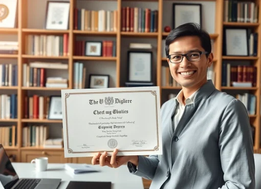 Showcasing an original university degree UK held by a professional in a bright office.