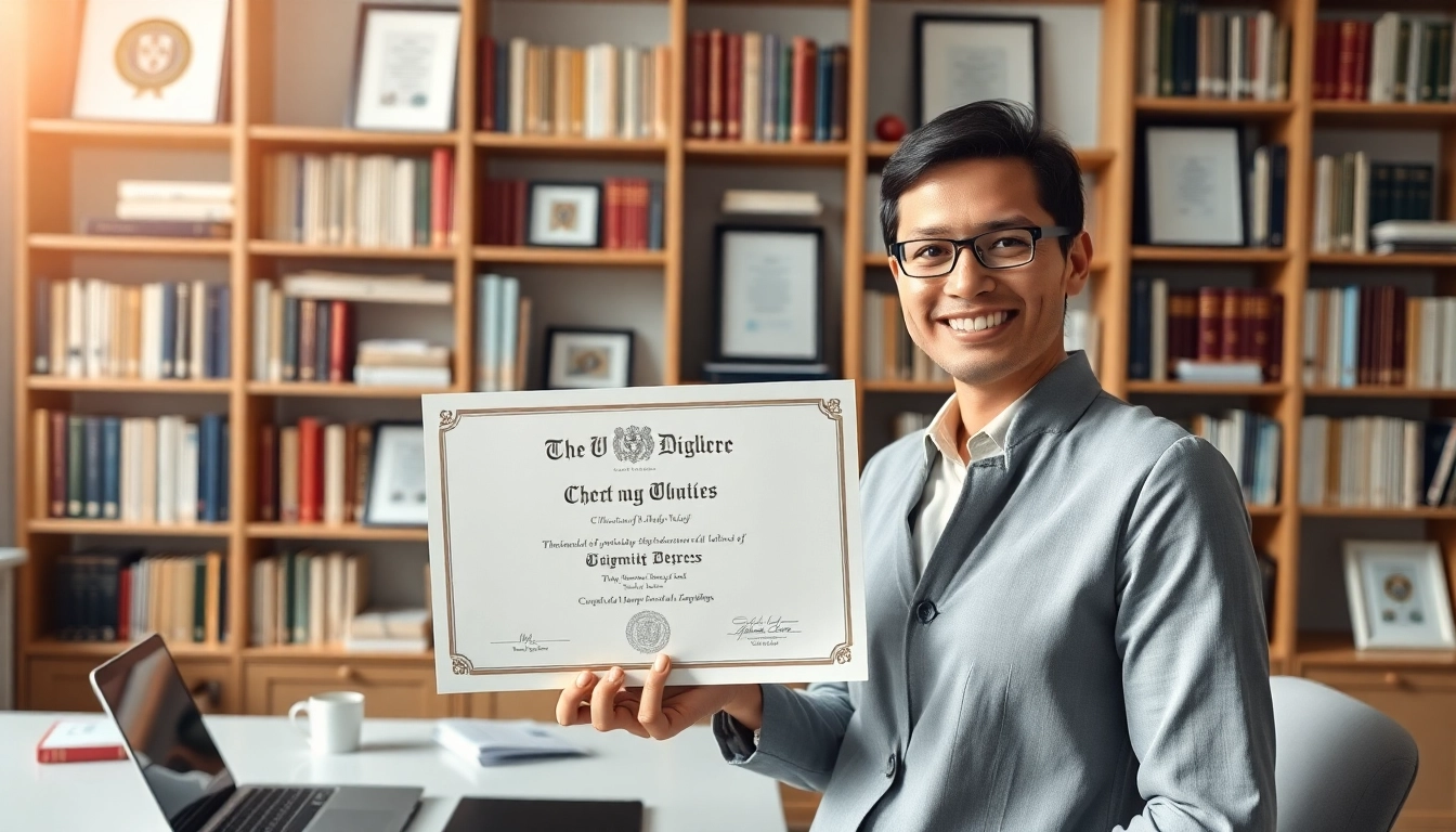 Showcasing an original university degree UK held by a professional in a bright office.