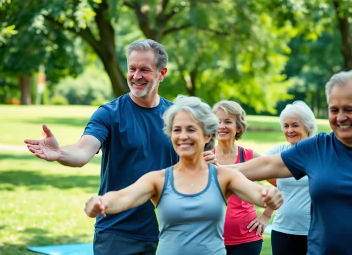 Seniors exercising with a Senior Fitness trainer Jersey City outdoors, promoting health and vitality.