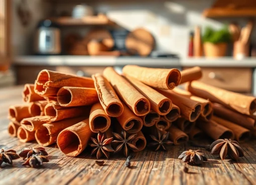 Cinnamon Bark sticks arranged beautifully against a warm kitchen background.