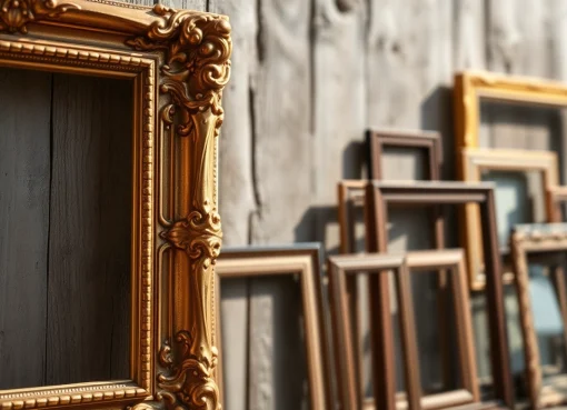 Highlighting vintage frames with ornate designs and textures against a rustic backdrop.