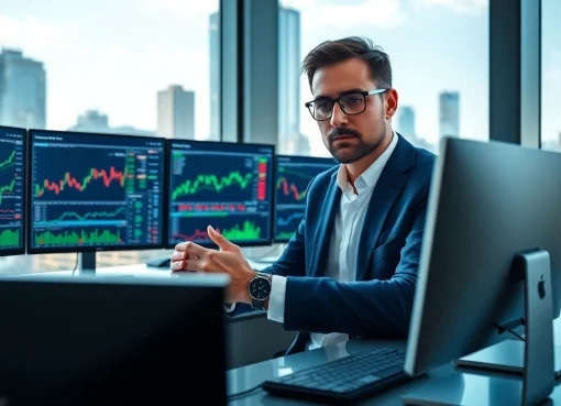 Analyze trade futures data with trading broker at a modern office desk.