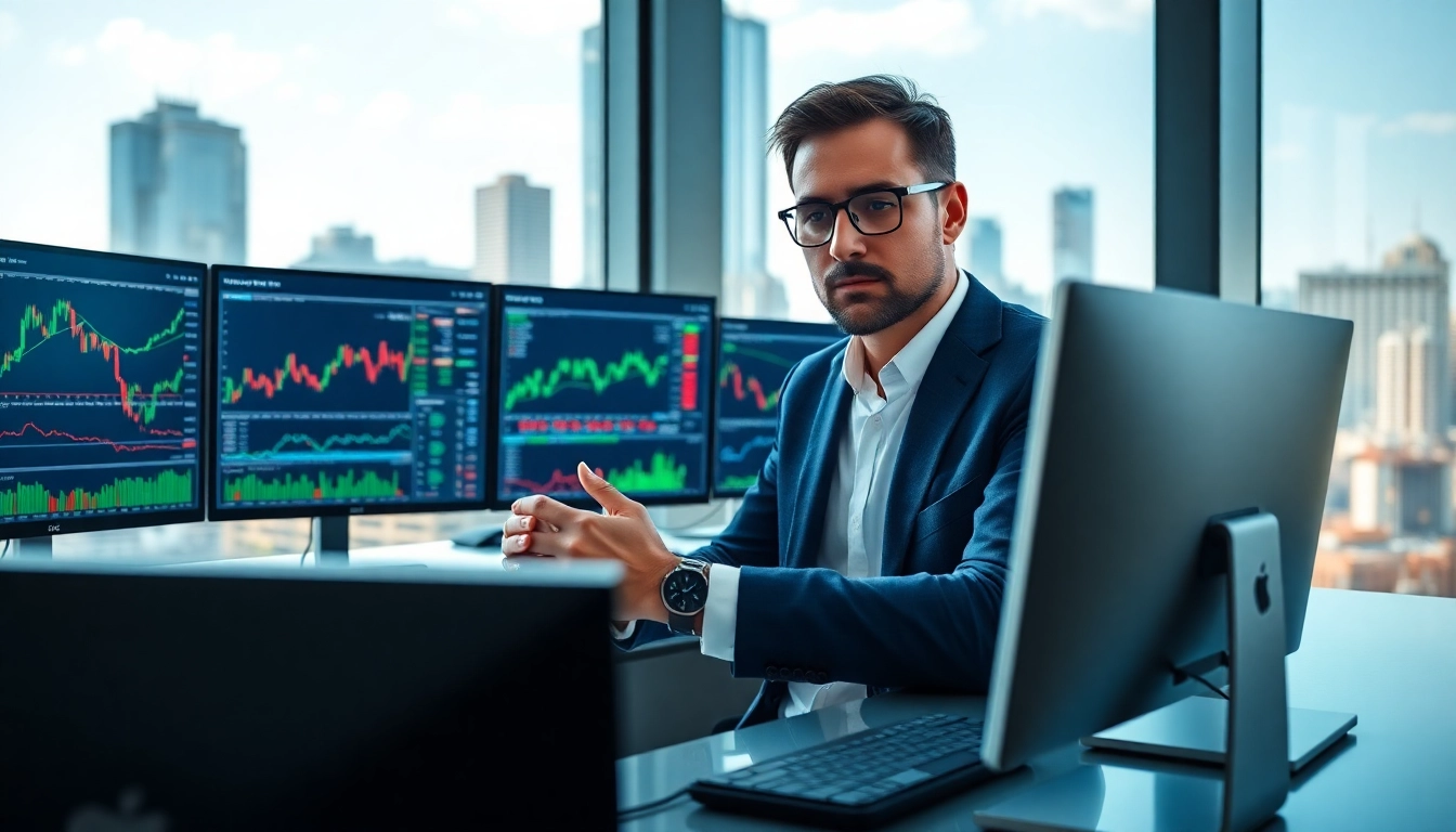 Analyze trade futures data with trading broker at a modern office desk.