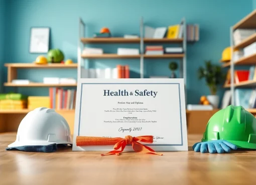 Visual representation of the NVQ Level 6 diploma in occupational health and safety example on a desk with safety gear.
