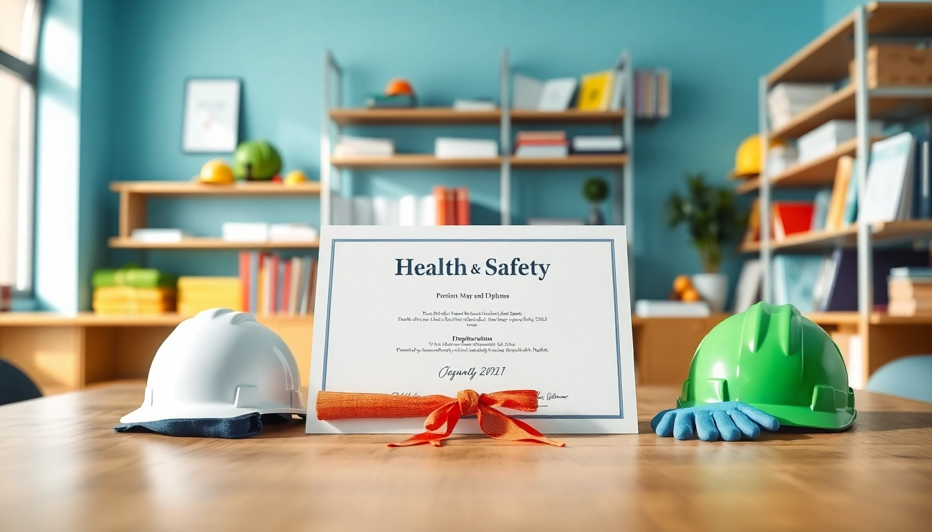 Visual representation of the NVQ Level 6 diploma in occupational health and safety example on a desk with safety gear.