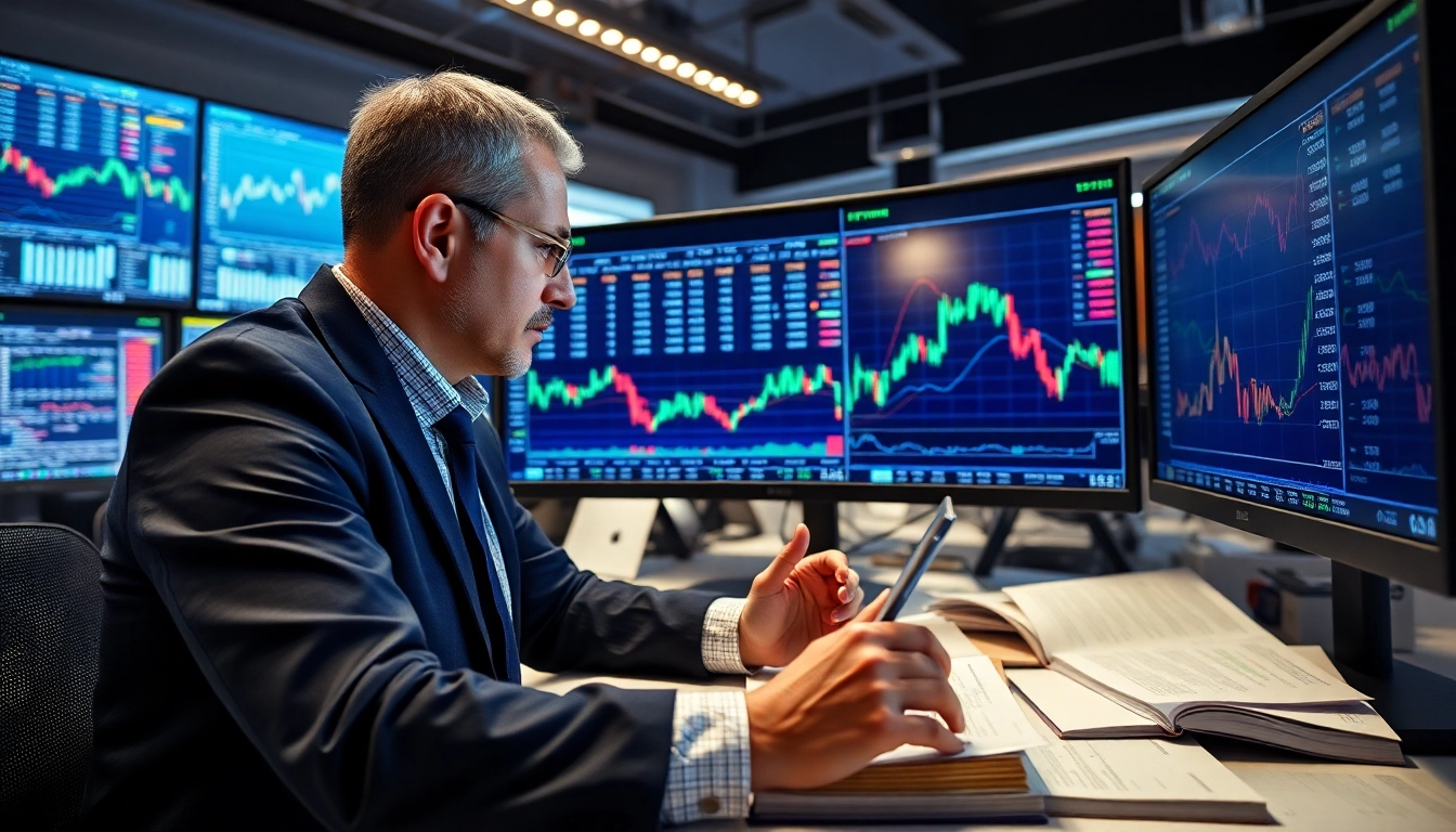 Analyze trade futures data with a focused trader amidst advanced trading technology.