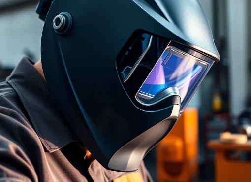 Welder demonstrating the speedglas welding helmet’s advanced features in a workshop.