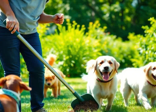 Weekly dog poop scooping in a sunny garden by a smiling dog walker.