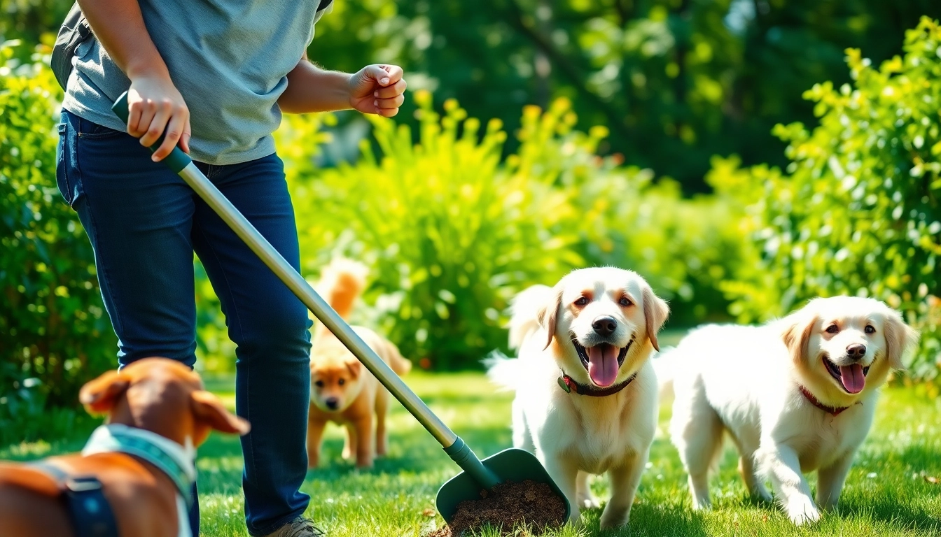 Weekly dog poop scooping in a sunny garden by a smiling dog walker.