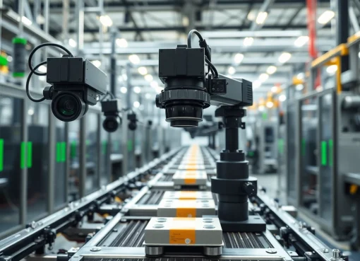 Machine vision system inspecting products on a production line with advanced technology.