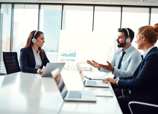 Understand Call Center Pricing models through agents discussing in a modern office setting.