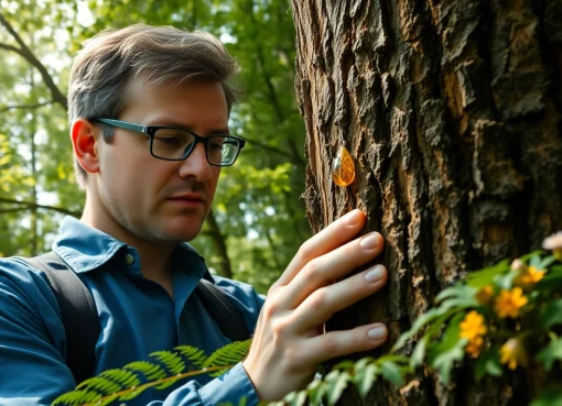Examine the benjoin resin from the Styrax tree in a serene forest environment.