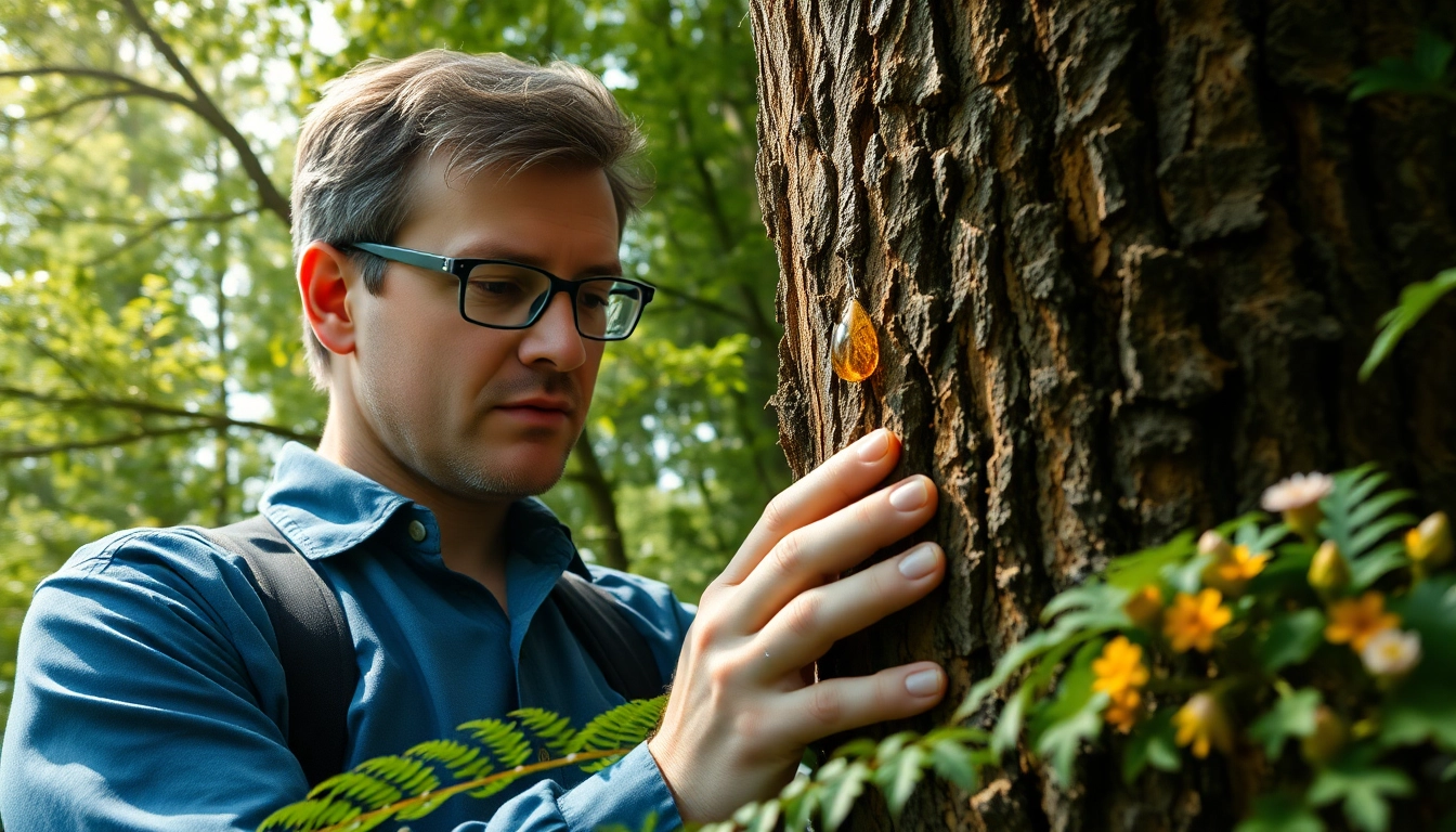 Examine the benjoin resin from the Styrax tree in a serene forest environment.