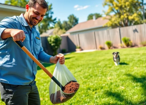 Dog poop pickup technician smiling while cleaning waste in a backyard.