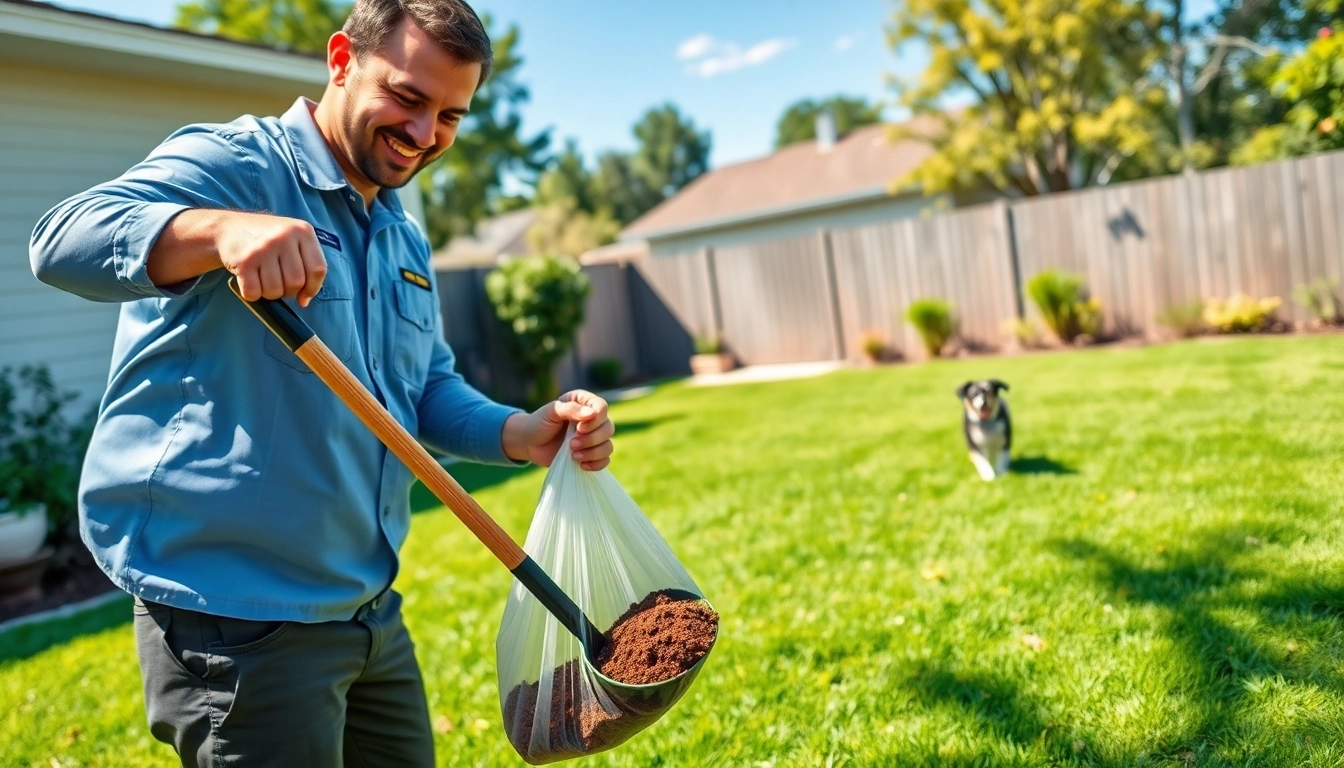 Dog poop pickup technician smiling while cleaning waste in a backyard.