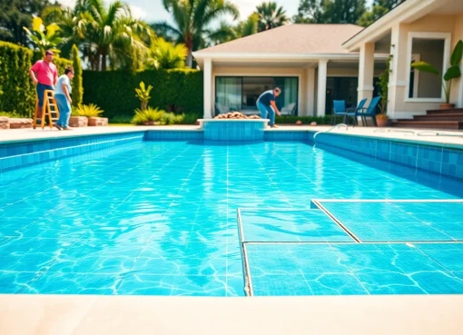 Pool renovation company revitalizing a luxurious backyard swimming pool.