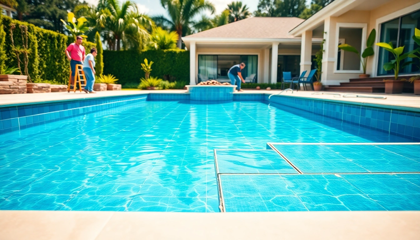 Pool renovation company revitalizing a luxurious backyard swimming pool.