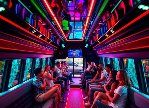 Experience the excitement of an Atlanta party bus with lively guests celebrating inside a stylish and luxurious setup.