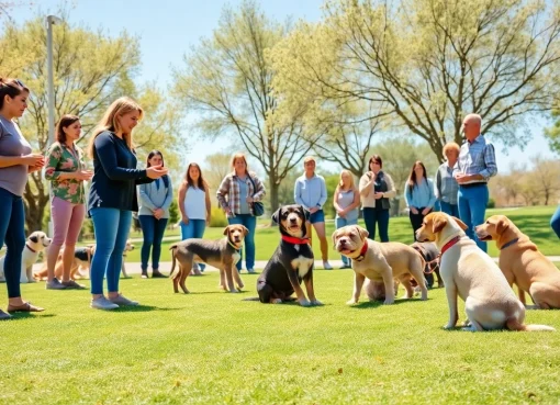 Engaged dog owners and puppies in Dog Training Irvine class demonstrating positive reinforcement techniques.