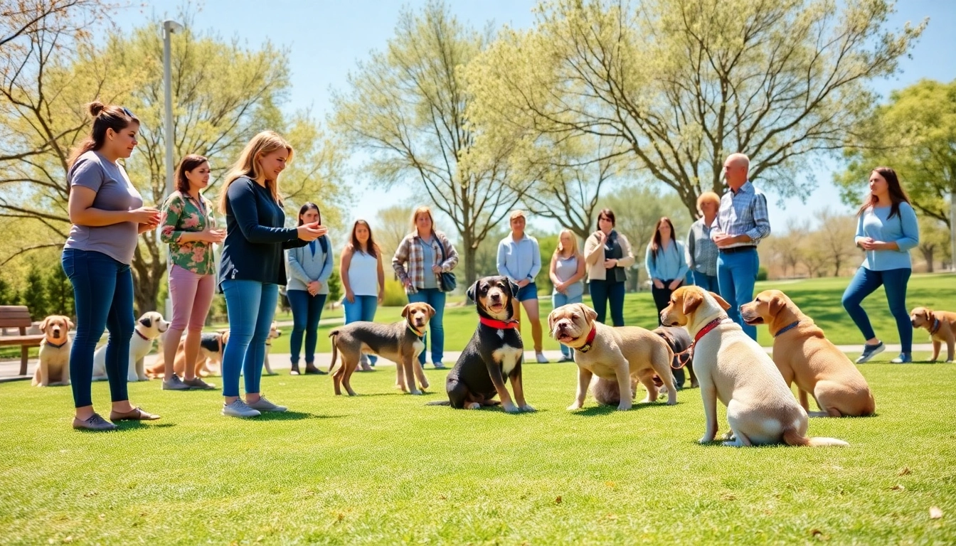 Engaged dog owners and puppies in Dog Training Irvine class demonstrating positive reinforcement techniques.