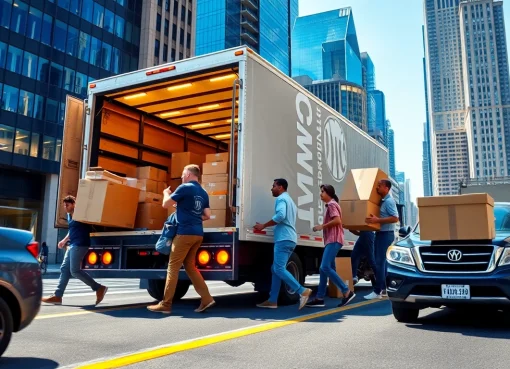 Efficient movers representing a moving company nyc loading boxes into a truck on a busy NYC street.