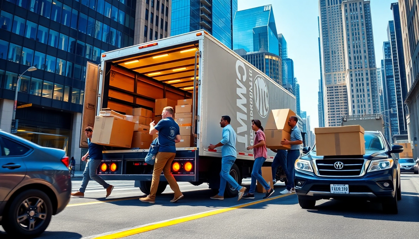 Efficient movers representing a moving company nyc loading boxes into a truck on a busy NYC street.