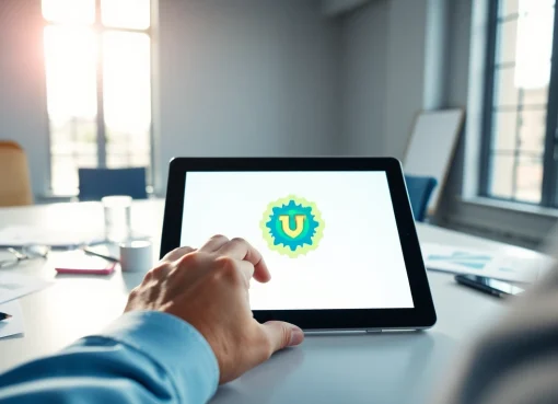 Creating a trademark logo on a digital tablet in a bright office setting.