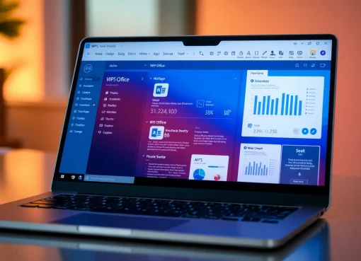 Download WPS Office - a versatile software interface displayed on a laptop with vibrant document examples.