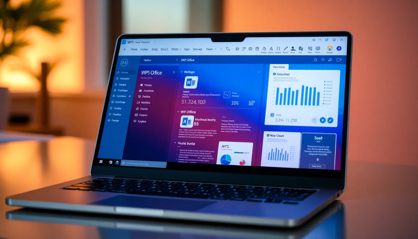 Download WPS Office - a versatile software interface displayed on a laptop with vibrant document examples.