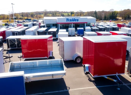 View of various trailers for sale in Massachusetts, showcasing a lively dealership lot.