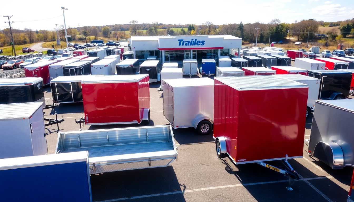 View of various trailers for sale in Massachusetts, showcasing a lively dealership lot.