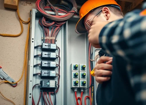 Electrician performing an electrical panel upgrade in a residential setting, emphasizing safety and efficiency.