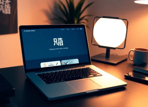 Showcasing the layout of 美洽官网 on a laptop screen in a bright workspace.