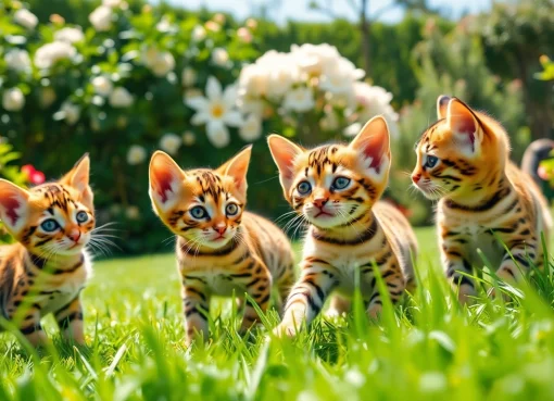 Adorable Bengal kittens playing in a garden, representing Bengal Breeders Orange County.