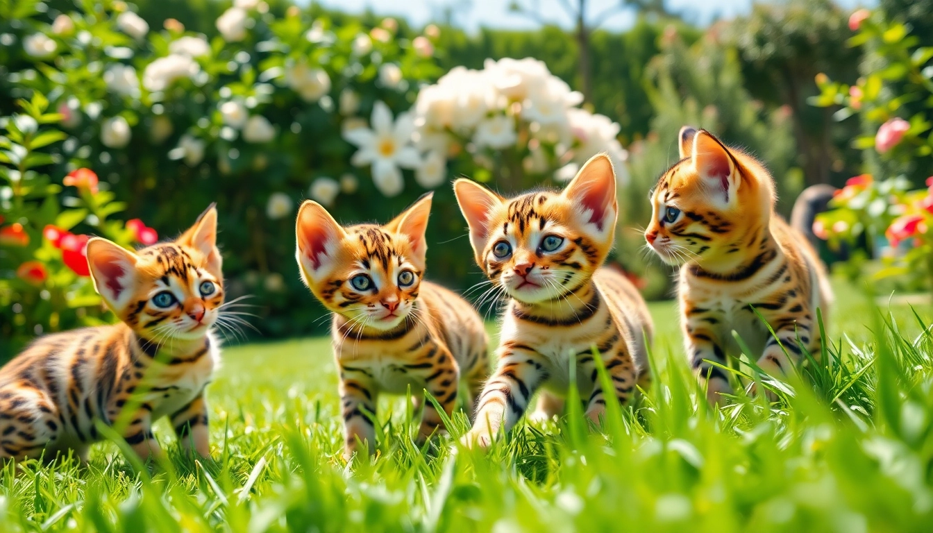 Adorable Bengal kittens playing in a garden, representing Bengal Breeders Orange County.