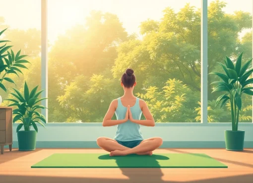 Visual representation of mindfulness practices for dealing with anxiety in a tranquil office setting.
