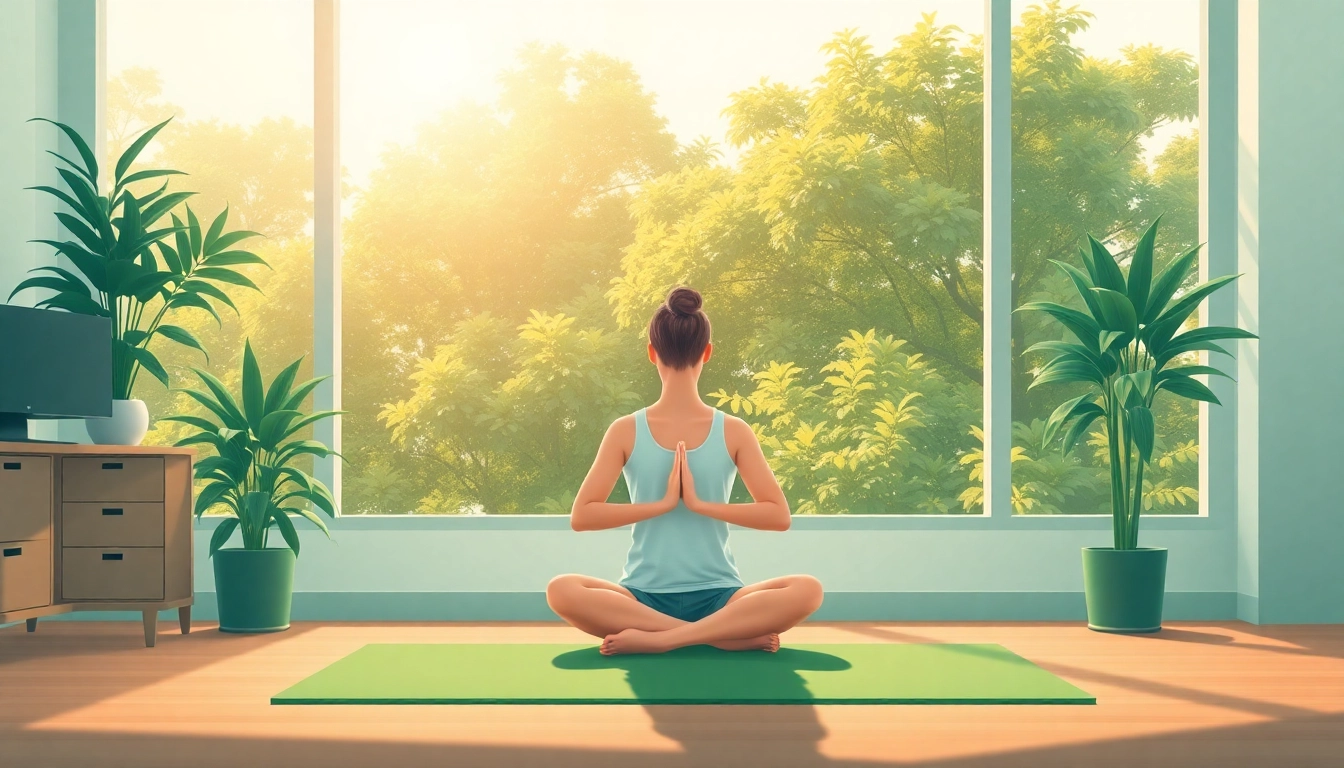 Visual representation of mindfulness practices for dealing with anxiety in a tranquil office setting.