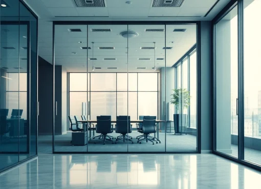 Exploring movable glass partitions in a modern office environment, showcasing sleek design and functionality.