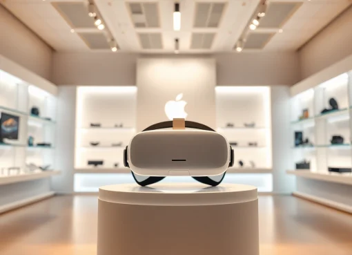 Buy Vision Pro, Apple Vision Pro showcased in a modern tech store environment highlighting its premium design.
