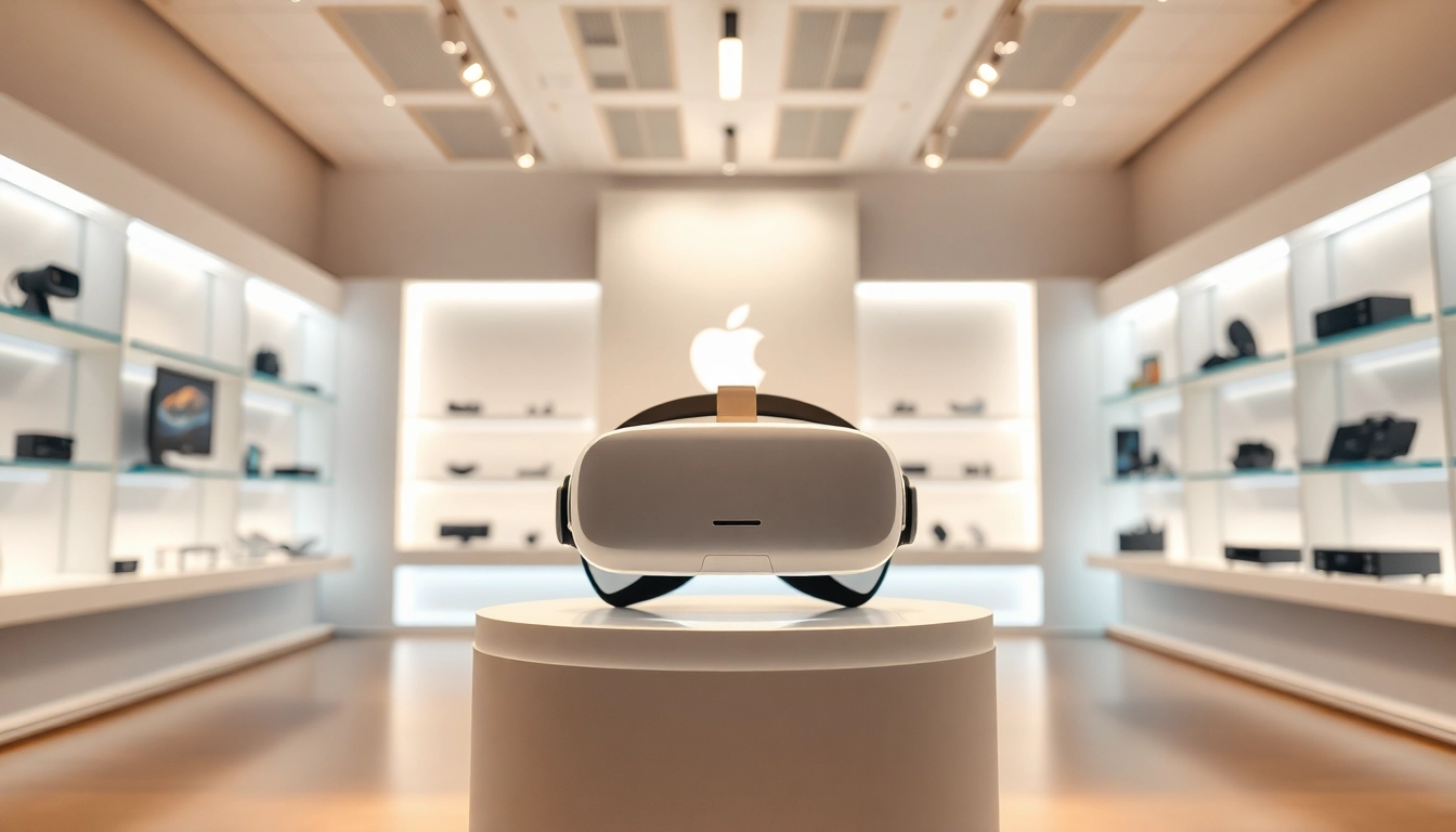 Buy Vision Pro, Apple Vision Pro showcased in a modern tech store environment highlighting its premium design.