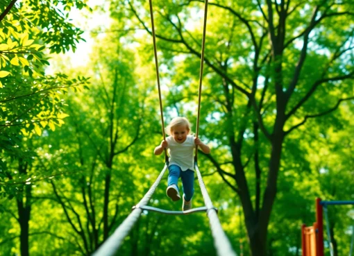 Kids enjoying a GARDEN ZIP WIRE KIT in a vibrant garden setting, promoting outdoor fun and adventure.