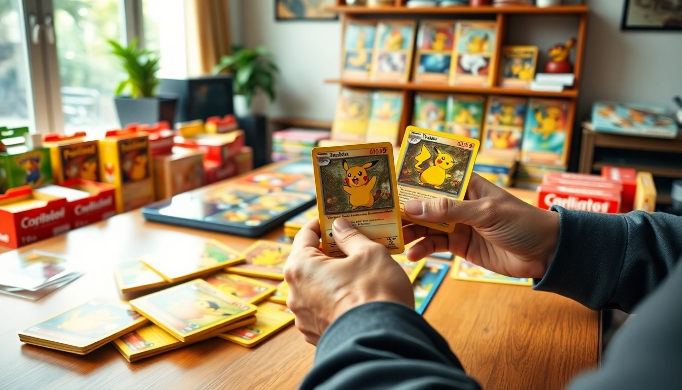 Engaging display of real pokemon cards India with a collector examining a rare card amidst colorful packs.