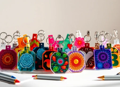 Custom acrylic keychain designs displayed, showcasing vibrant colors and unique patterns.