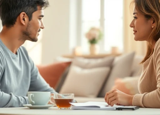 Couple practicing effective communication in relationships during a cozy conversation.