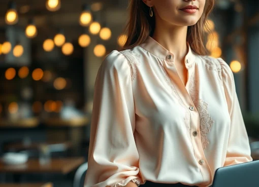Model showcasing elegant blouses with stylish details in an urban setting.